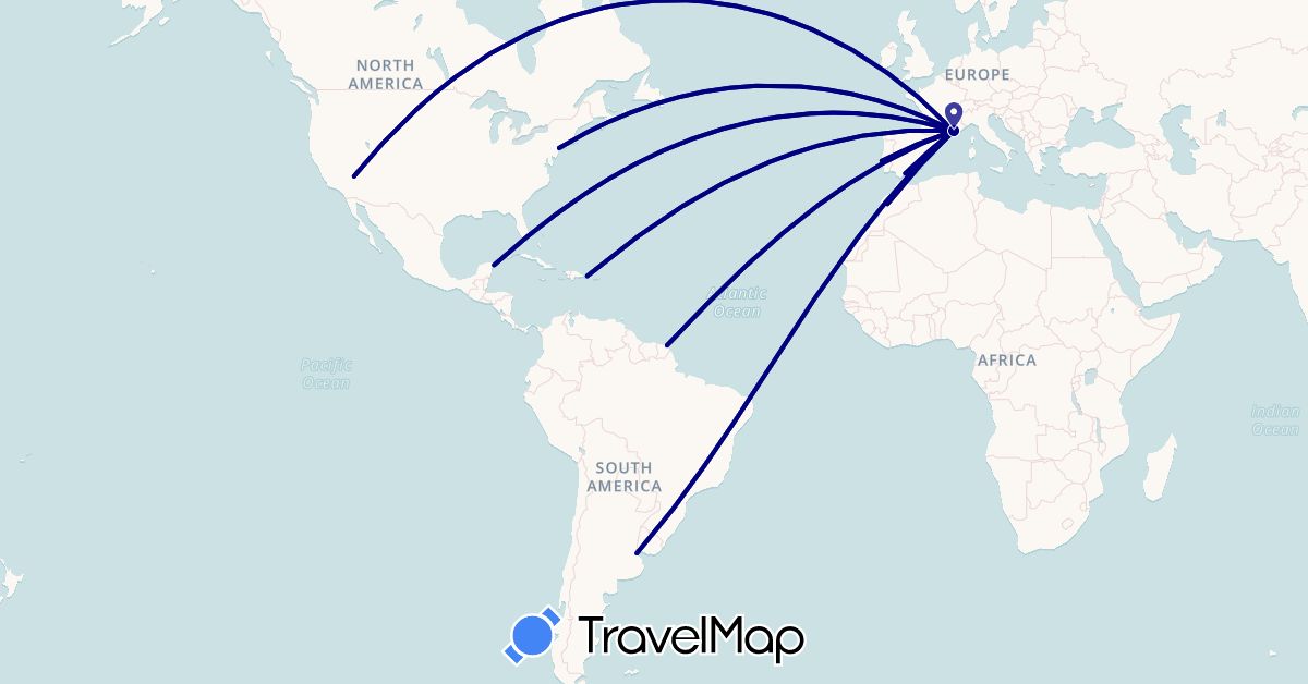 TravelMap itinerary: driving in Argentina, Dominican Republic, Spain, France, French Guiana, Morocco, Mexico, Portugal, United States (Africa, Europe, North America, South America)